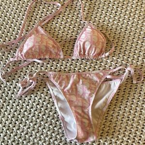 Designer Inspired Swimsuit, Small, Pink and White Bikini with Wording Gems
